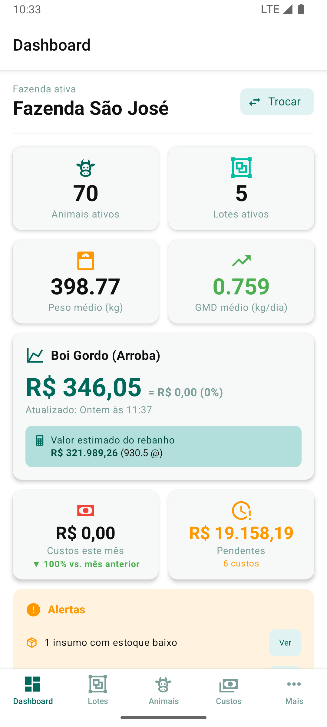 Tela inicial do AgroHagio mostrando dashboard da fazenda