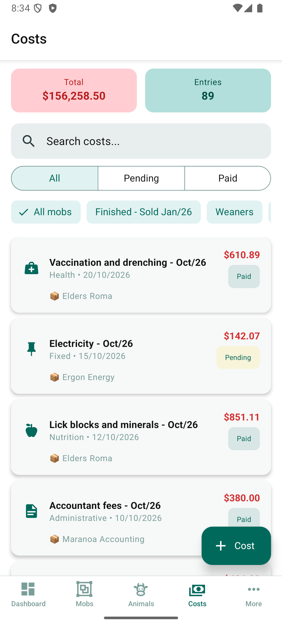 List of costs with filters