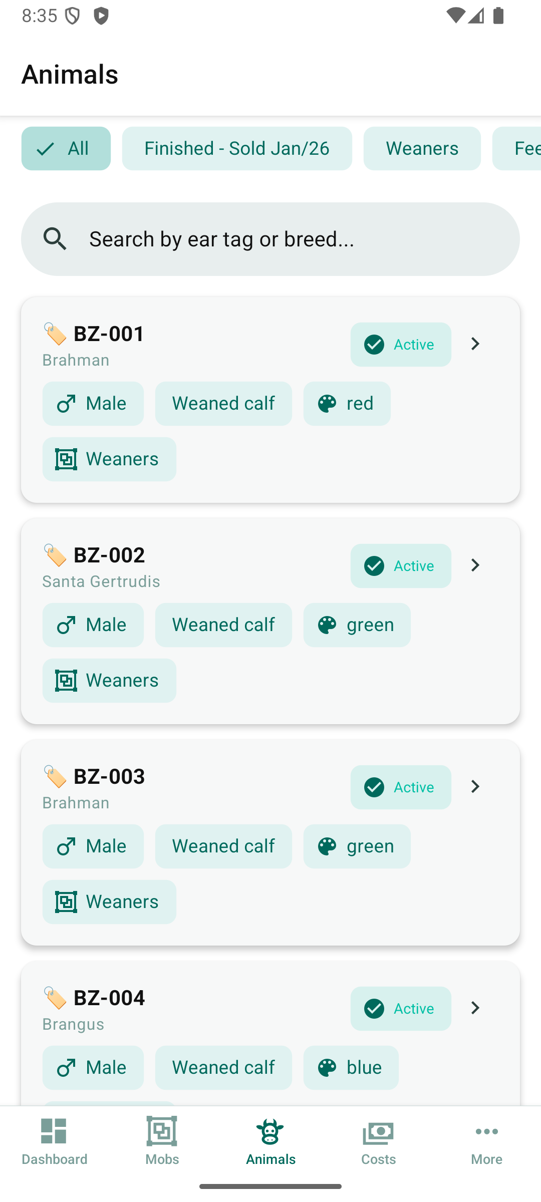 List of animals in the herd with filters