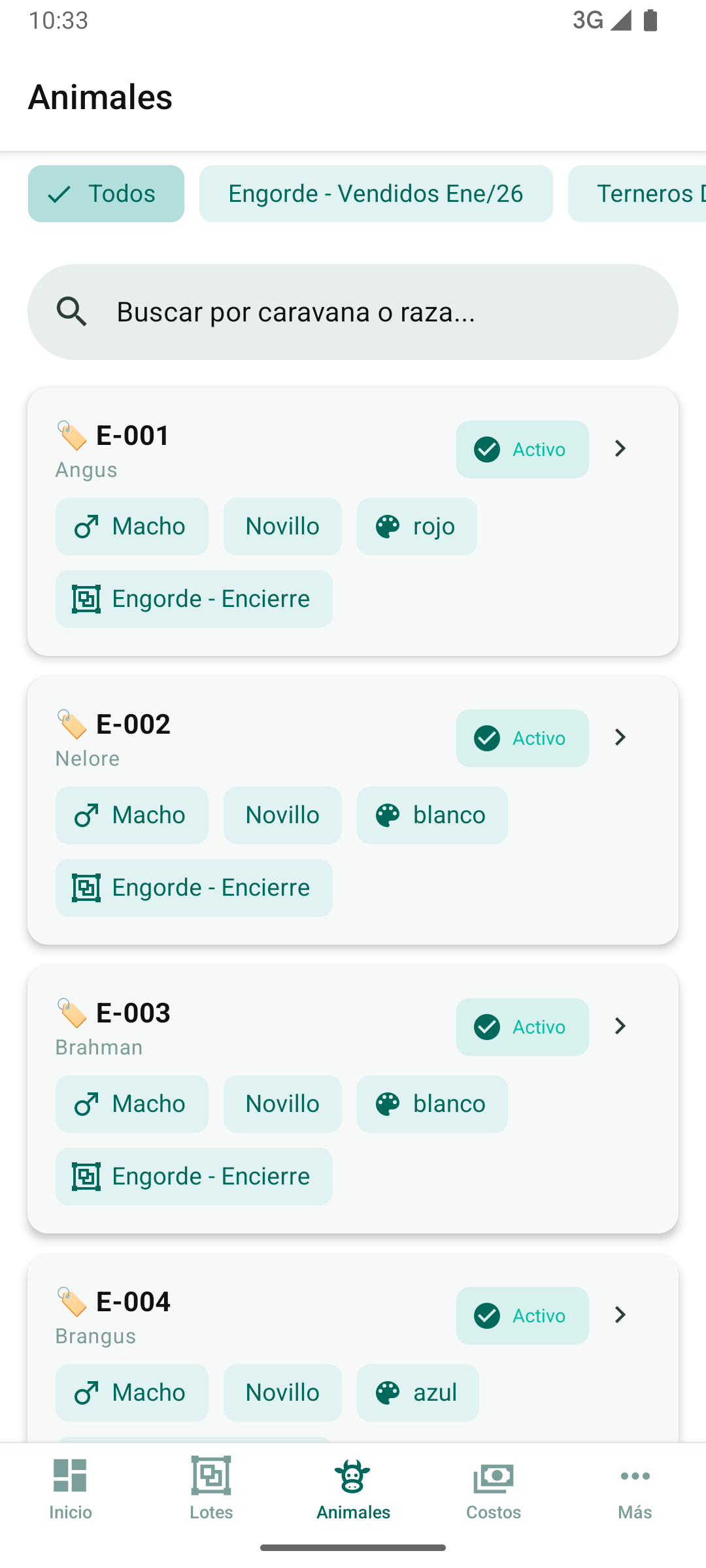 Lista de animales del rodeo con filtros