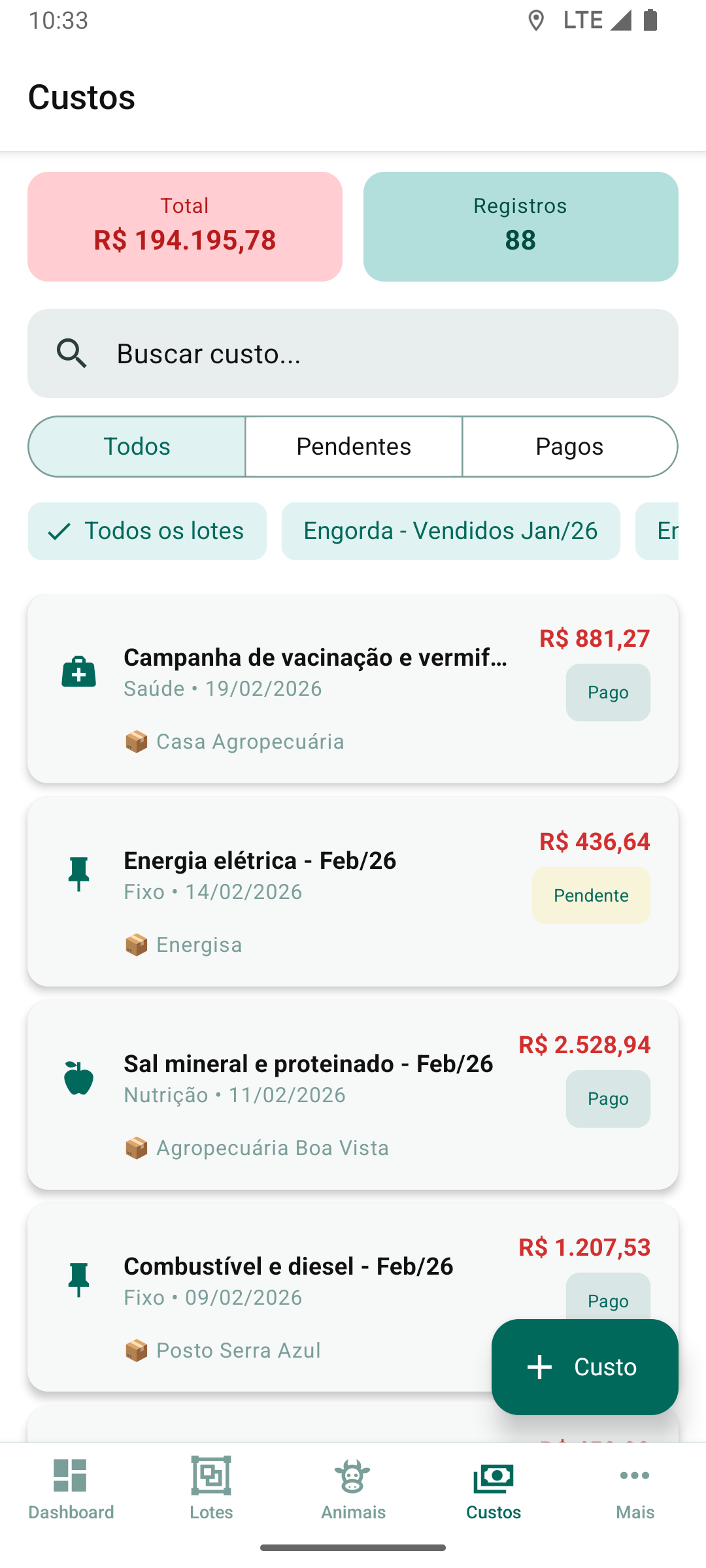 Listagem de custos com filtros